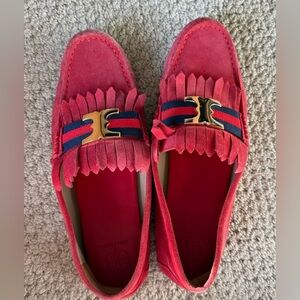 Tory Burch Gemini Link Driver Hi Suede Nantucket Red w Navy 10